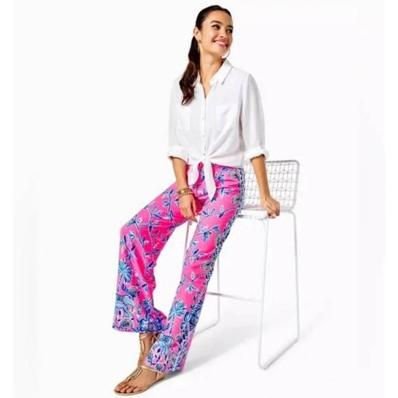Lilly Pulitzer S Pink Isle SLATHOUSE JUNGLE BAL HARBOUR PANTS Wide Leg Palazzo - Picture 1 of 6